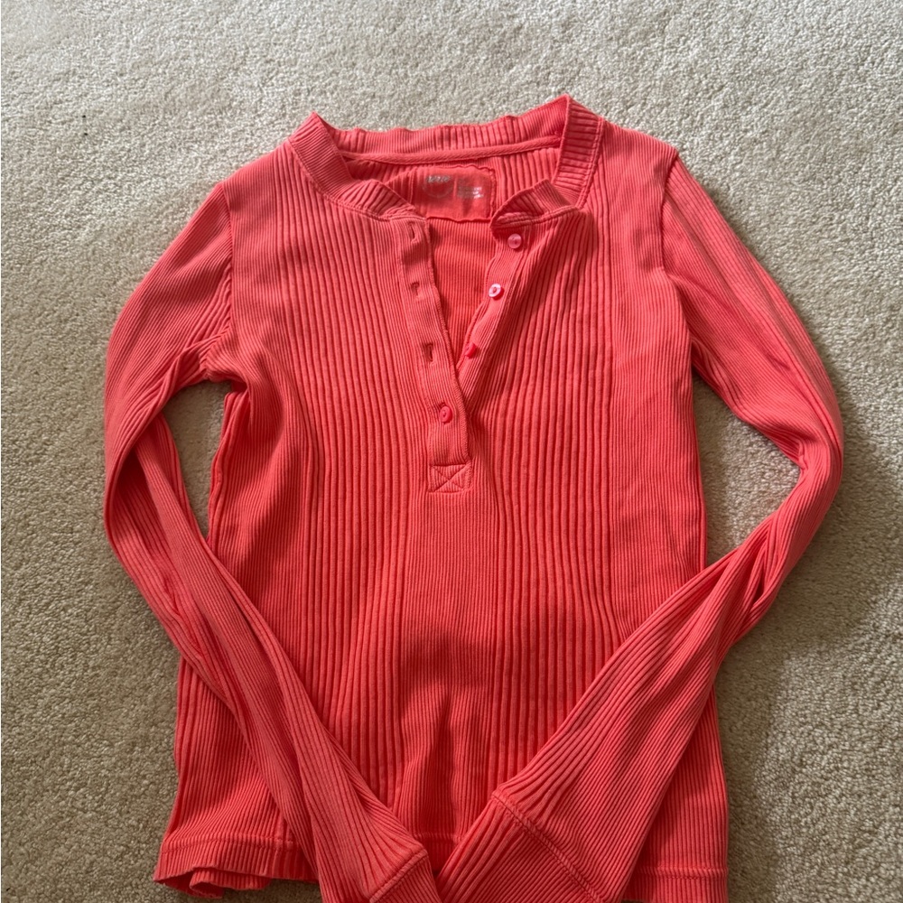 Aerie Orange Ribbed Long Sleeve Polo Blouse
